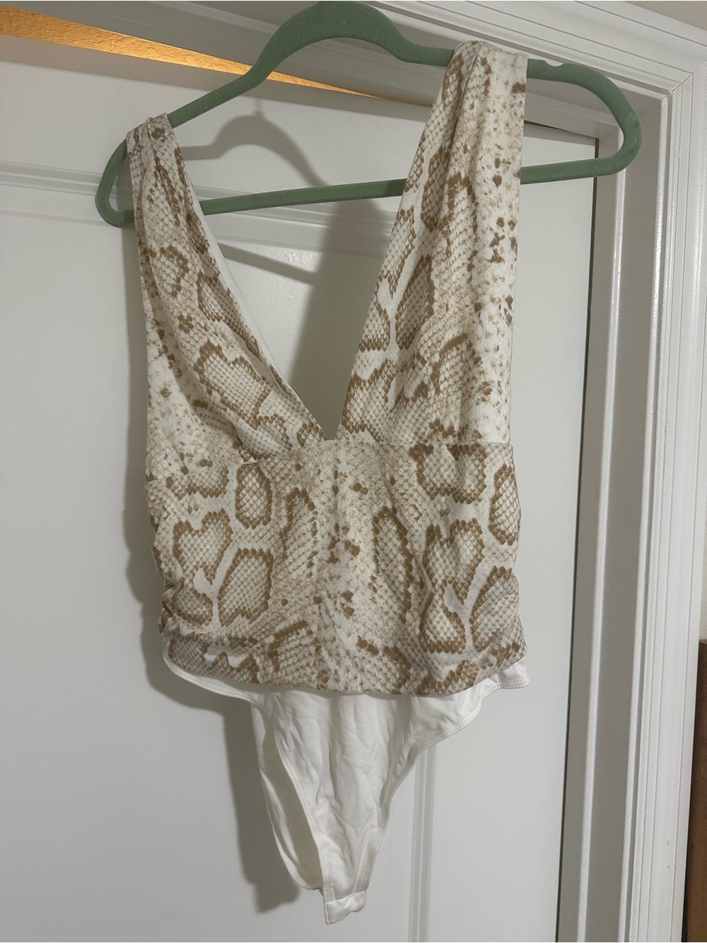 Snake Print V-Neck Bodysuit in Beige and White